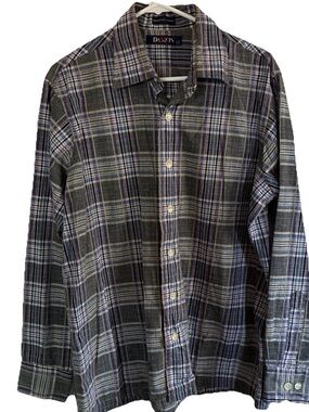 Damon-Men’s Casual Button Up Shirt Blue Plaid Easy Care LongSleeve Collared Sz L